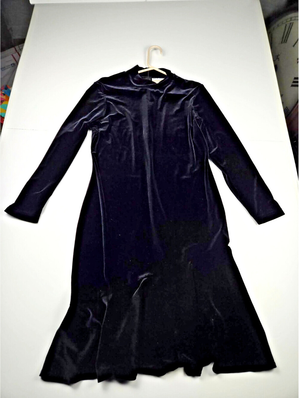 Coldwater Creek Black Velvet Long Sleeve Midi Dress Womens M Stretch Vintage
